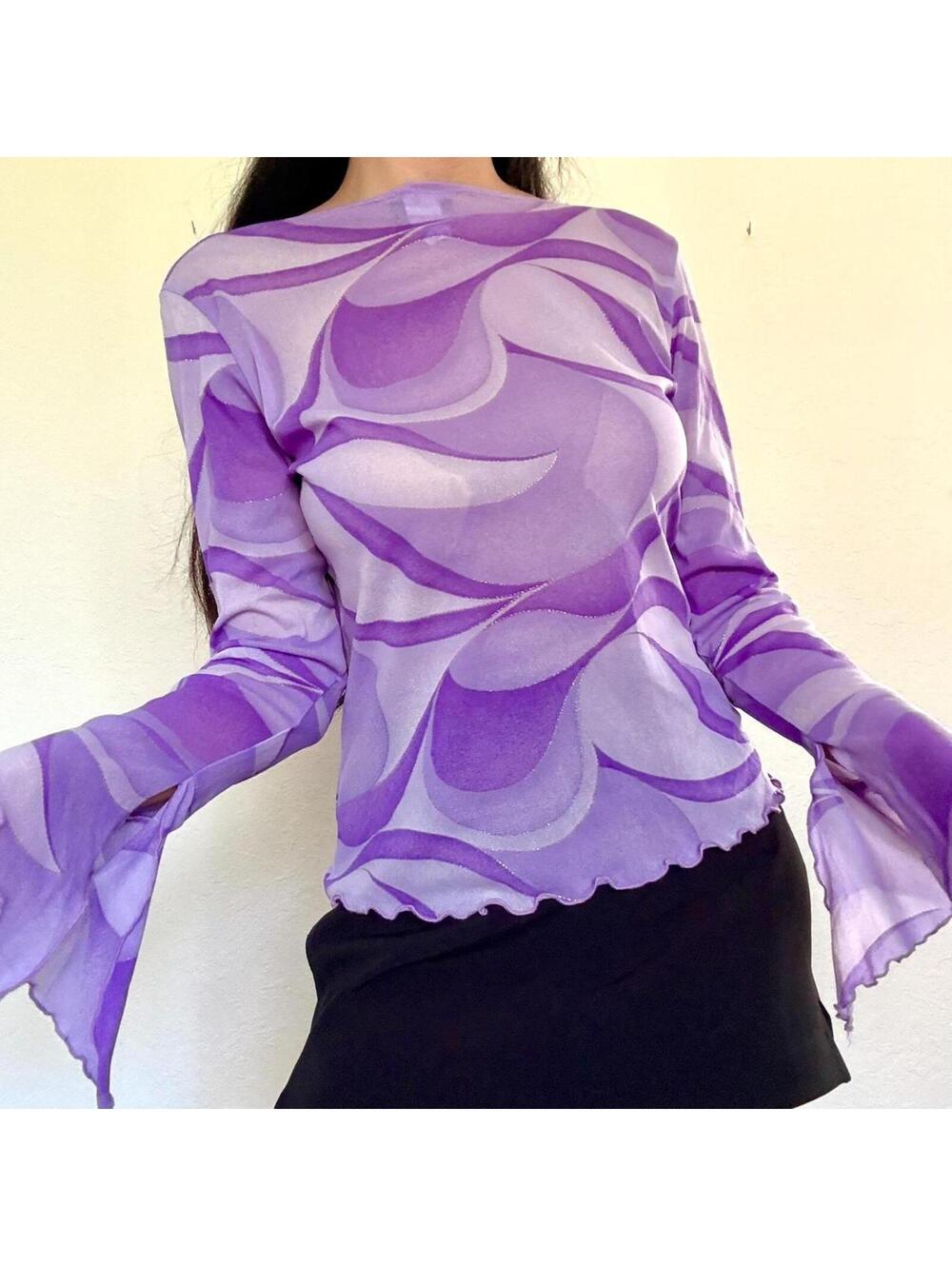 Fashion Bug Y2K Purple Mesh Bell Sleeve Top